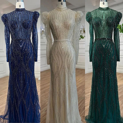 Muslim Green Mermaid Elegant Luxury Beaded Arabic Long Evening Dresses Gowns For Women Wedding Party 2025 LA72134