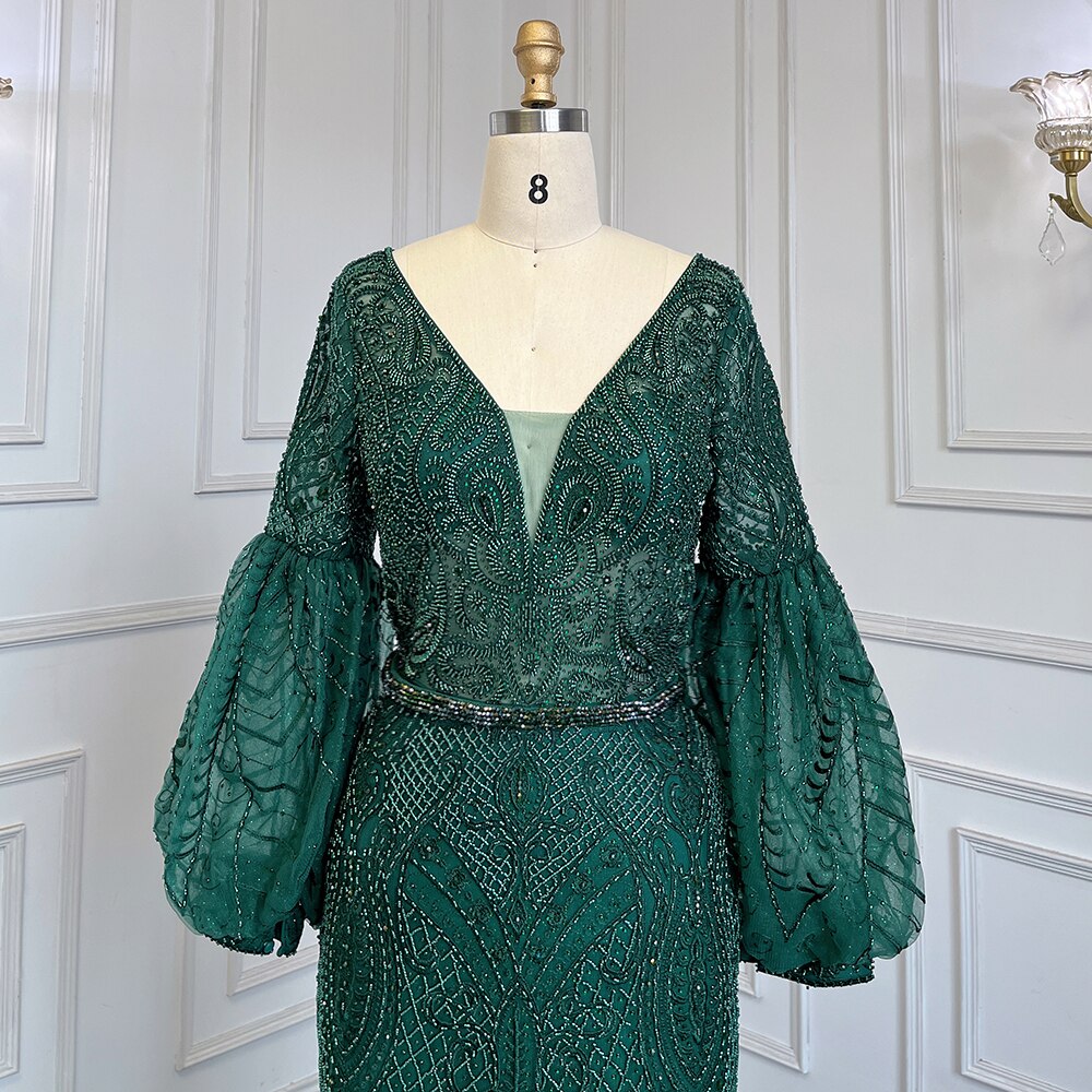 Muslim Green Mermaid Elegant Puff Sleeves V-Neck Evening Dresses Gowns Luxury Beaded 2025 For Women Party LA71744