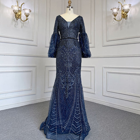 Muslim Green Mermaid Elegant Puff Sleeves V-Neck Evening Dresses Gowns Luxury Beaded 2025 For Women Party LA71744