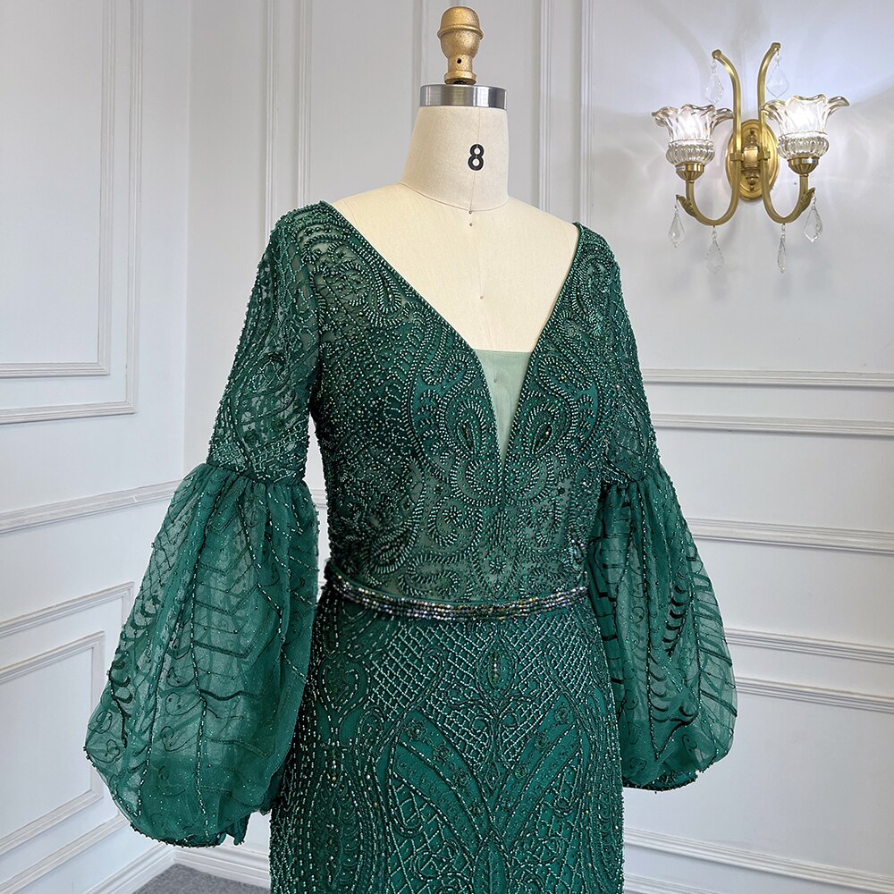 Muslim Green Mermaid Elegant Puff Sleeves V-Neck Evening Dresses Gowns Luxury Beaded 2025 For Women Party LA71744