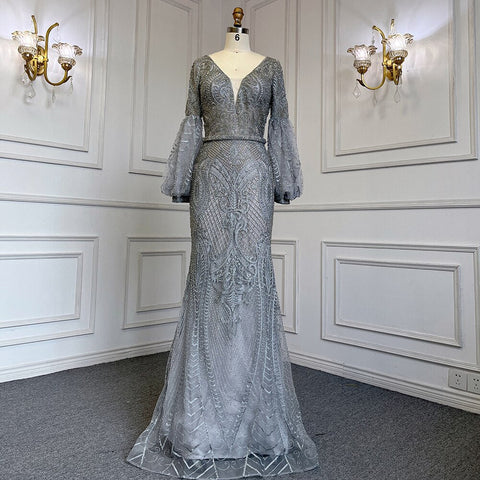 Muslim Green Mermaid Elegant Puff Sleeves V-Neck Evening Dresses Gowns Luxury Beaded 2025 For Women Party LA71744