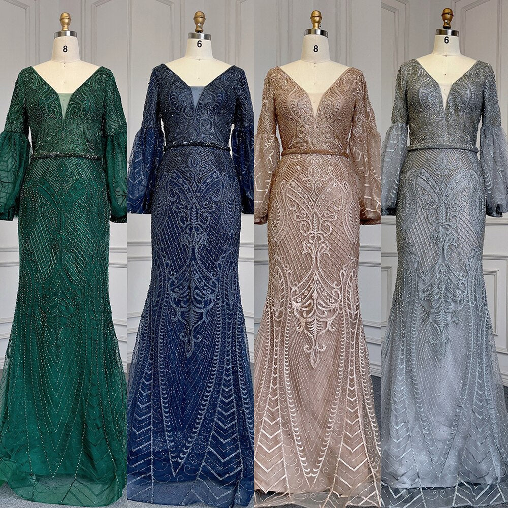 Muslim Green Mermaid Elegant Puff Sleeves V-Neck Evening Dresses Gowns Luxury Beaded 2025 For Women Party LA71744