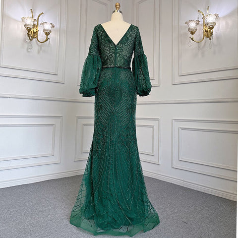 Muslim Green Mermaid Elegant Puff Sleeves V-Neck Evening Dresses Gowns Luxury Beaded 2025 For Women Party LA71744
