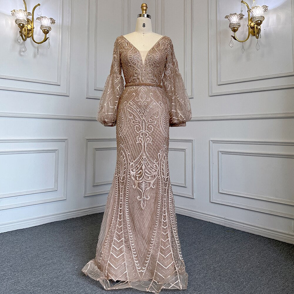Muslim Green Mermaid Elegant Puff Sleeves V-Neck Evening Dresses Gowns Luxury Beaded 2025 For Women Party LA71744