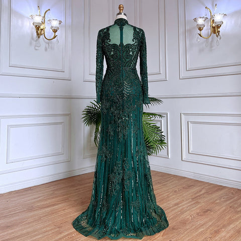 Muslim Green Mermaid Lace Beaded Crystal Luxury Dubai Evening Dresses Gowns For Women Wedding Party 2025 LA71983