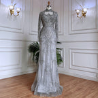 Muslim Green Mermaid Lace Beaded Crystal Luxury Dubai Evening Dresses Gowns For Women Wedding Party 2025 LA71983