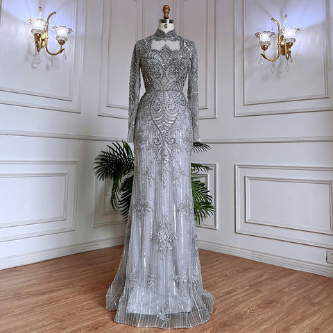 Muslim Green Mermaid Lace Beaded Crystal Luxury Dubai Evening Dresses Gowns For Women Wedding Party 2025 LA71983