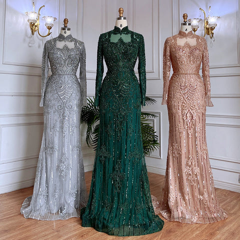 Muslim Green Mermaid Lace Beaded Crystal Luxury Dubai Evening Dresses Gowns For Women Wedding Party 2025 LA71983