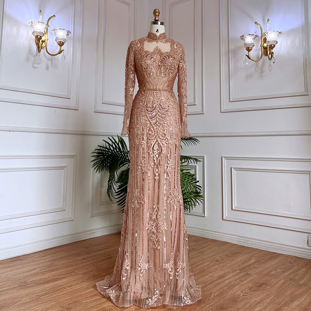 Muslim Green Mermaid Lace Beaded Crystal Luxury Dubai Evening Dresses Gowns For Women Wedding Party 2025 LA71983