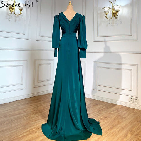 Muslim Green Mermaid Overskirt Evening Dresses Gowns 2025 Elegant Luxury Beaded Satin For Women Party LA71491