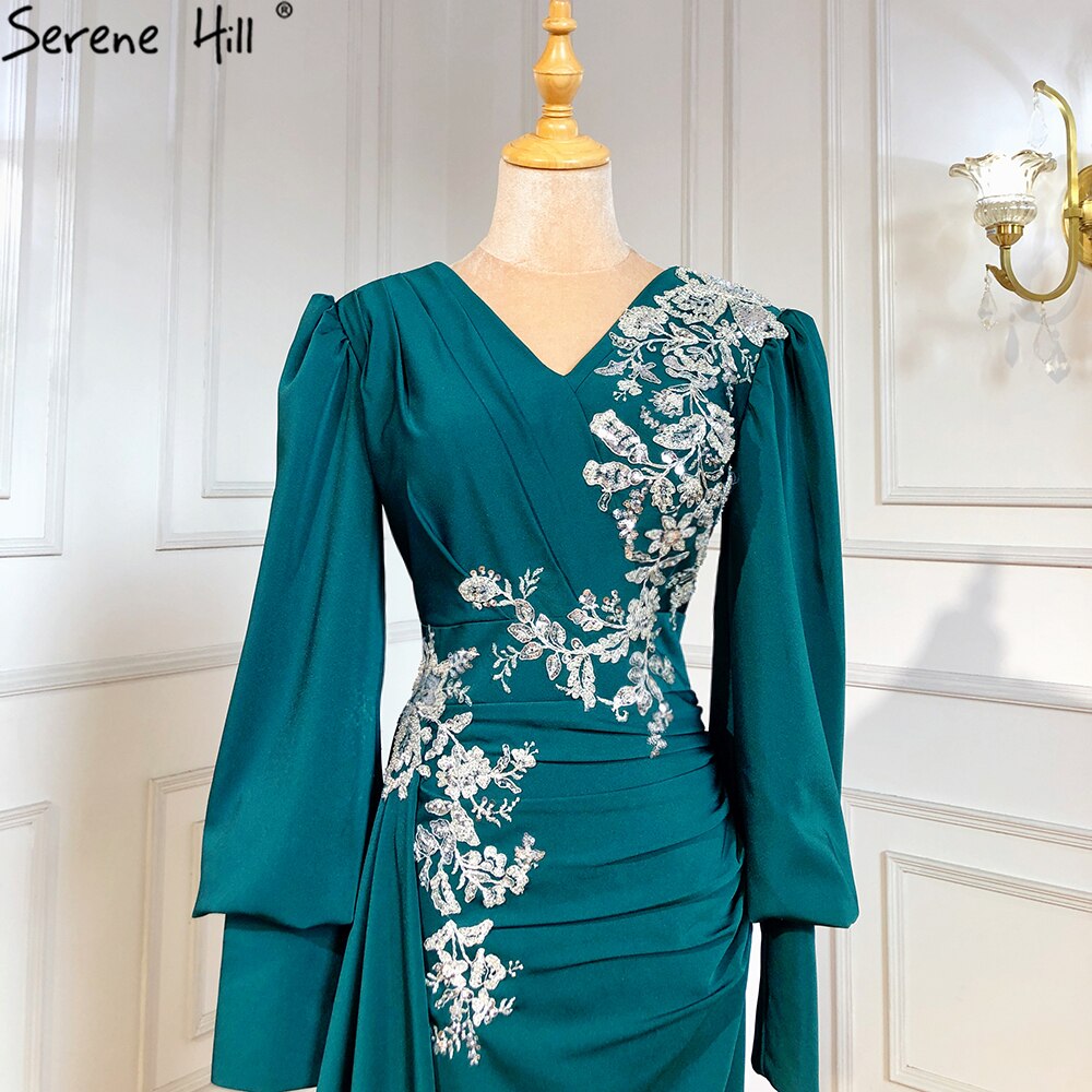 Muslim Green Mermaid Overskirt Evening Dresses Gowns 2025 Elegant Luxury Beaded Satin For Women Party LA71491