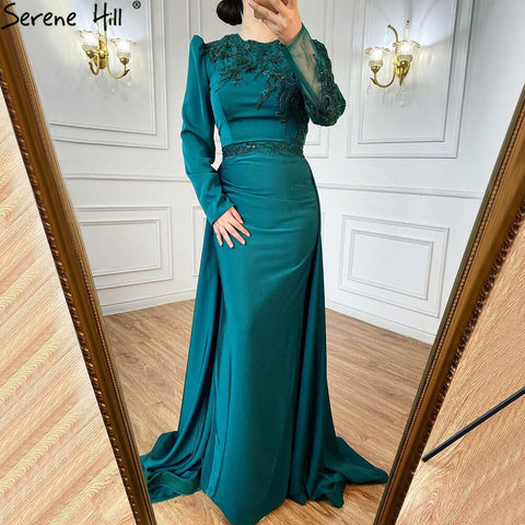 Muslim Green Mermaid Satin Evening Dresses Gowns 2025 Elegant Luxury Beading For Women Party LA71124