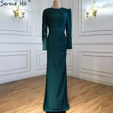 Muslim Green Mermaid Satin Evening Dresses Gowns 2025 Elegant Luxury Beading For Women Party LA71124