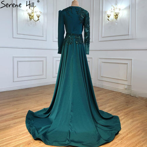Muslim Green Mermaid Satin Evening Dresses Gowns 2025 Elegant Luxury Beading For Women Party LA71124