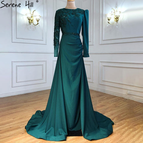 Muslim Green Mermaid Satin Evening Dresses Gowns 2025 Elegant Luxury Beading For Women Party LA71124