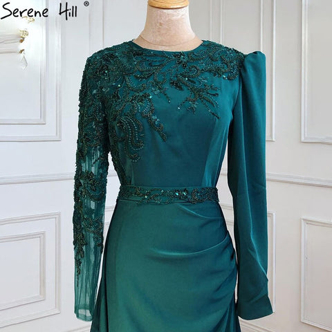 Muslim Green Mermaid Satin Evening Dresses Gowns 2025 Elegant Luxury Beading For Women Party LA71124