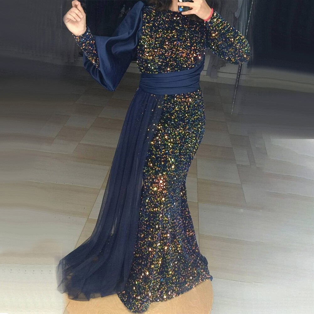 Muslim Green Mermaid With Train Sparkle Elegant Luxury Long Sleeves For Women Party 2025 LA71019