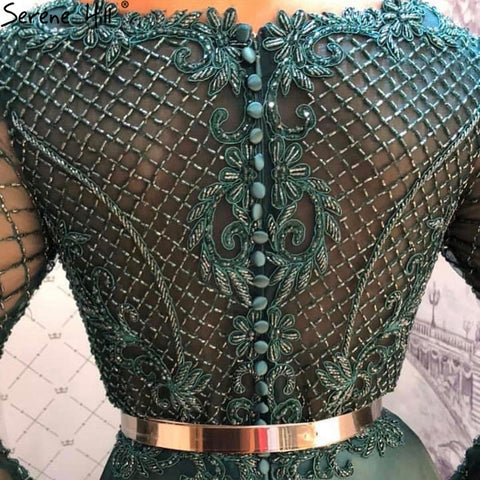 Muslim Green Satin Evening Dresses Gowns 2025 Beaded A-Line For Women Wedding Party LA71252