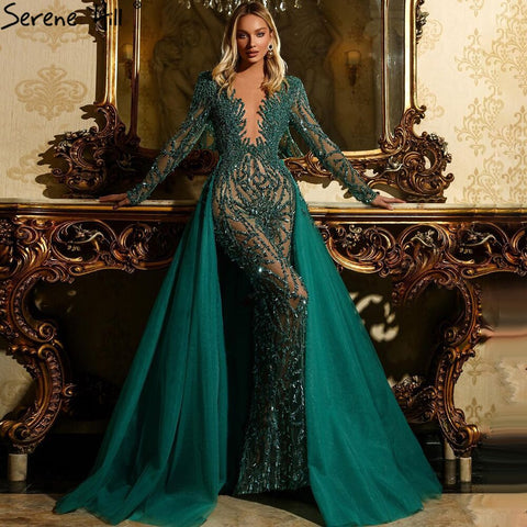 Muslim Green With Train Evening Dresses Gowns 2025 Mermaid Beading Elegant Luxury For Women Party LA71107