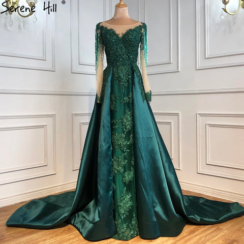 Muslim Green With Train Evening Dresses Gowns Satin Luxury Long Sleeves For Women Party LA70792