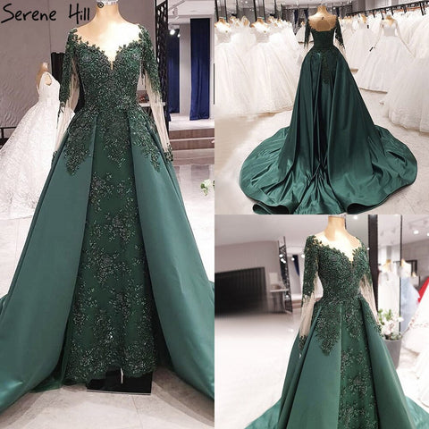 Muslim Green With Train Evening Dresses Gowns Satin Luxury Long Sleeves For Women Party LA70792