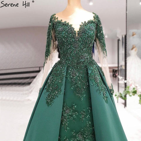 Muslim Green With Train Evening Dresses Gowns Satin Luxury Long Sleeves For Women Party LA70792
