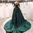 Muslim Green With Train Evening Dresses Gowns Satin Luxury Long Sleeves For Women Party LA70792