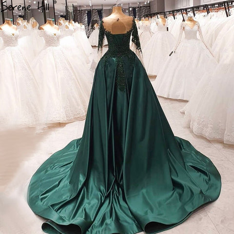 Muslim Green With Train Evening Dresses Gowns Satin Luxury Long Sleeves For Women Party LA70792