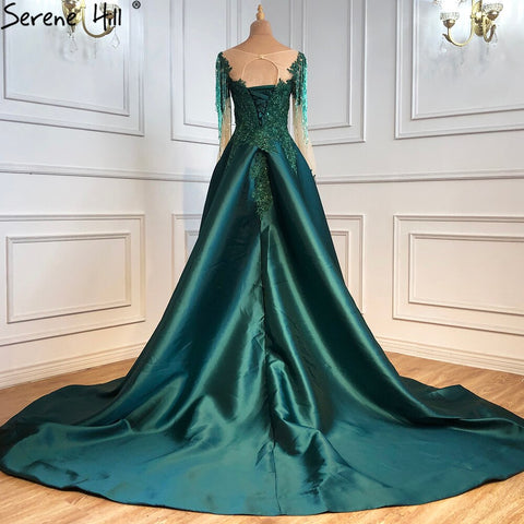 Muslim Green With Train Evening Dresses Gowns Satin Luxury Long Sleeves For Women Party LA70792