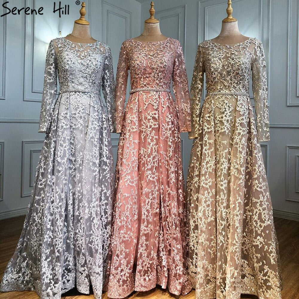 Muslim Grey A-Line Evening Dresses Gowns 2025 Lace Beaded Luxury For Woman Wedding Party LA71211