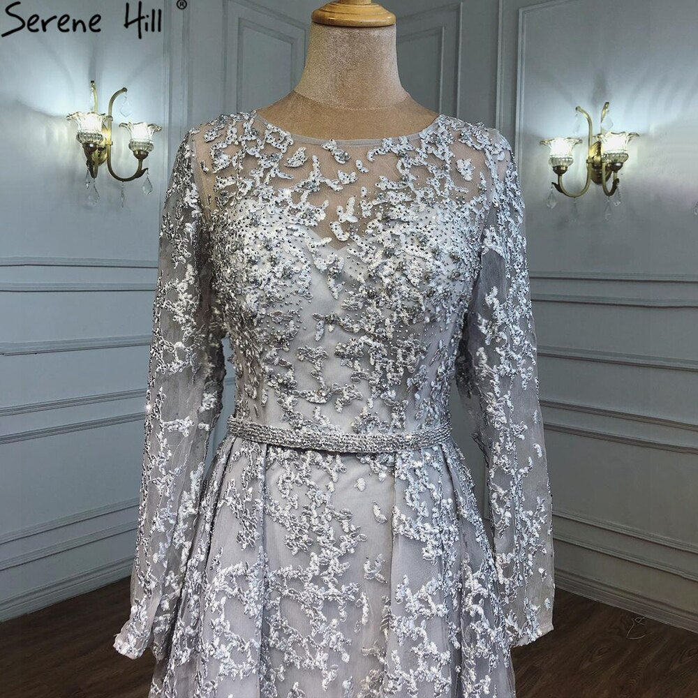 Muslim Grey A-Line Evening Dresses Gowns 2025 Lace Beaded Luxury For Woman Wedding Party LA71211