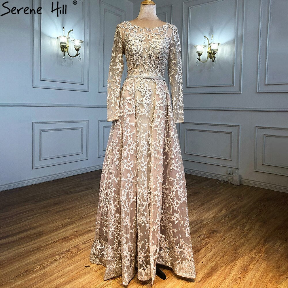 Muslim Grey A-Line Evening Dresses Gowns 2025 Lace Beaded Luxury For Woman Wedding Party LA71211