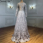 Muslim Grey A-Line Evening Dresses Gowns 2025 Lace Beaded Luxury For Woman Wedding Party LA71211