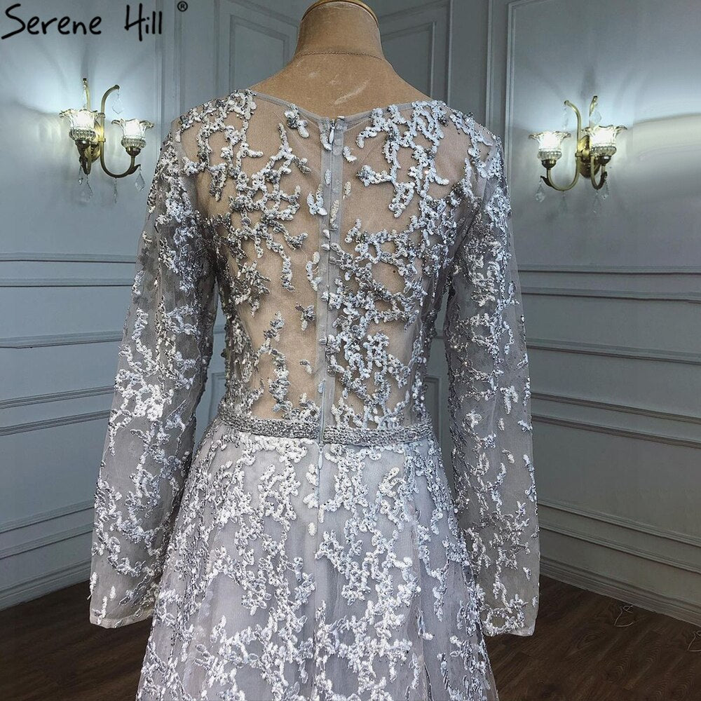 Muslim Grey A-Line Evening Dresses Gowns 2025 Lace Beaded Luxury For Woman Wedding Party LA71211
