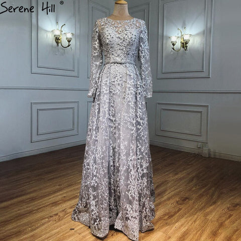 Muslim Grey A-Line Evening Dresses Gowns 2025 Lace Beaded Luxury For Woman Wedding Party LA71211