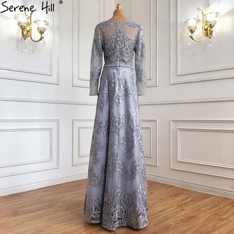 Muslim Grey A-Line Evening Dresses Gowns 2025 Luxury Beaded Lace For Women Wedding Party LA71308