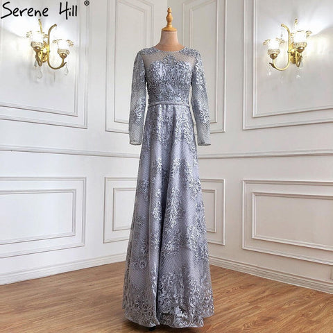 Muslim Grey A-Line Evening Dresses Gowns 2025 Luxury Beaded Lace For Women Wedding Party LA71308