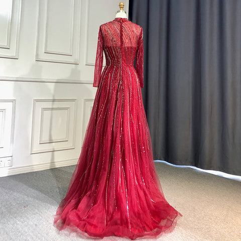 Muslim Grey A-Line Evening Dresses High Neck Long Arm  Gowns 2025 Luxury Beaded For Women Party LA71692