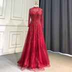 Muslim Grey A-Line Evening Dresses High Neck Long Arm  Gowns 2025 Luxury Beaded For Women Party LA71692