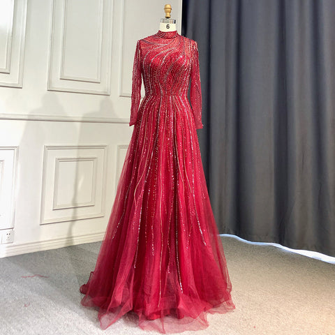 Muslim Grey A-Line Evening Dresses High Neck Long Arm  Gowns 2025 Luxury Beaded For Women Party LA71692