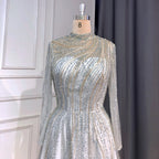 Muslim Grey A-Line Evening Dresses High Neck Long Arm  Gowns 2025 Luxury Beaded For Women Party LA71692