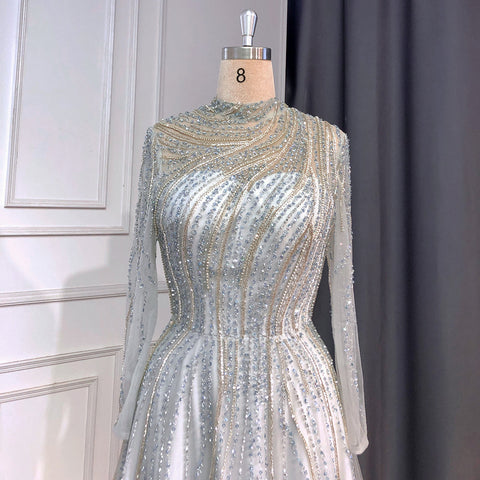 Muslim Grey A-Line Evening Dresses High Neck Long Arm  Gowns 2025 Luxury Beaded For Women Party LA71692