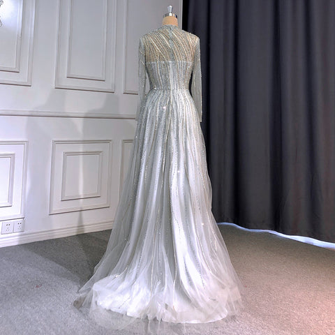 Muslim Grey A-Line Evening Dresses High Neck Long Arm  Gowns 2025 Luxury Beaded For Women Party LA71692