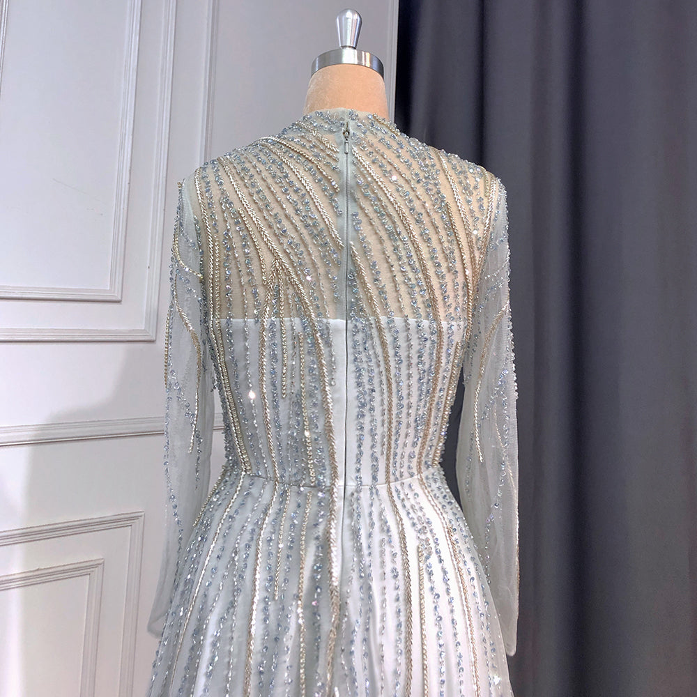 Muslim Grey A-Line Evening Dresses High Neck Long Arm  Gowns 2025 Luxury Beaded For Women Party LA71692