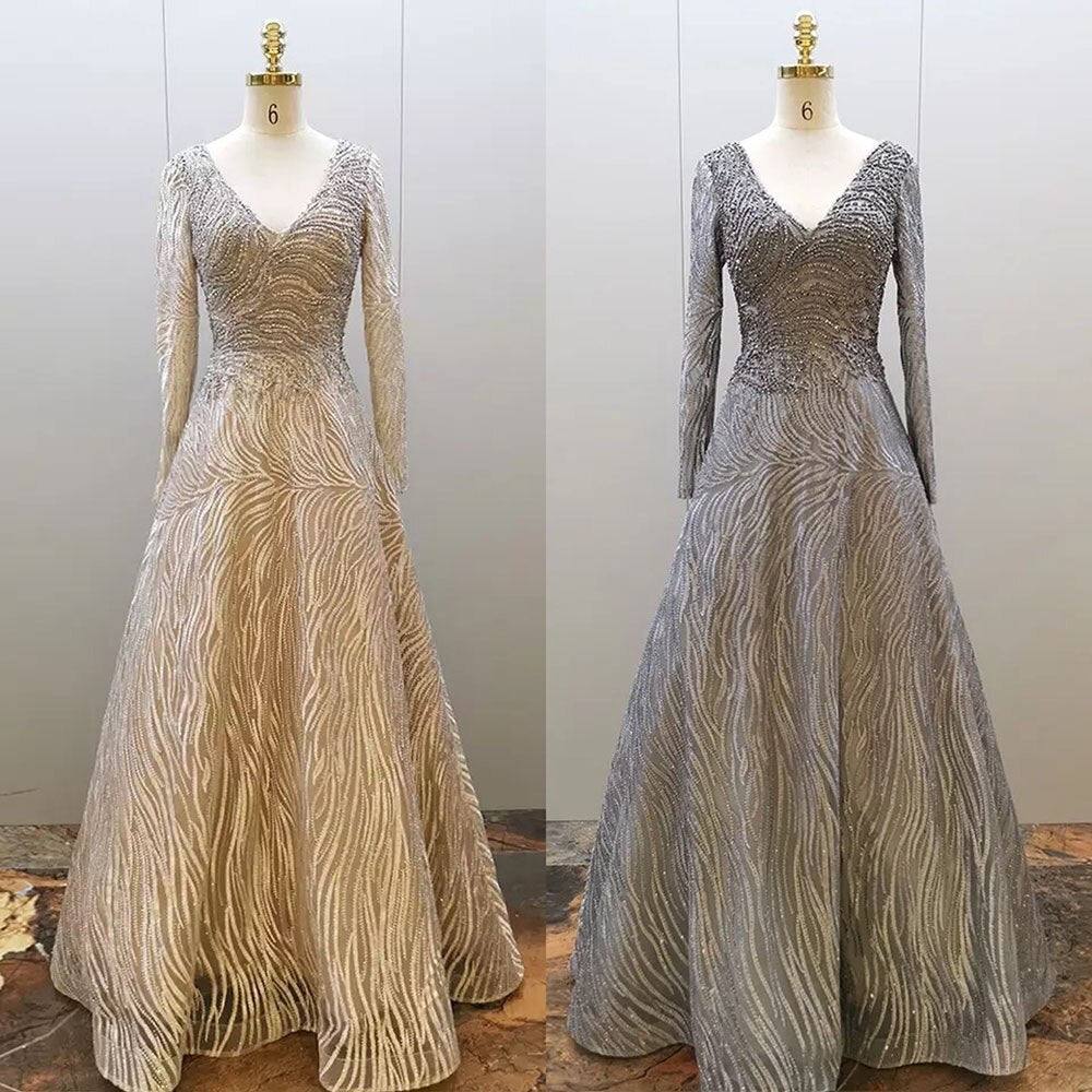 Muslim Grey A Line Sexy V-Neck Luxury Beaded Evening Dresses Gowns For Women Party 2025 LA71802