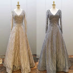 Muslim Grey A Line Sexy V-Neck Luxury Beaded Evening Dresses Gowns For Women Party 2025 LA71802
