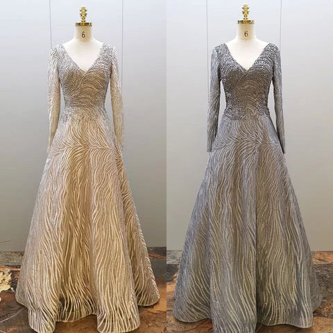 Muslim Grey A Line Sexy V-Neck Luxury Beaded Evening Dresses Gowns For Women Party 2025 LA71802