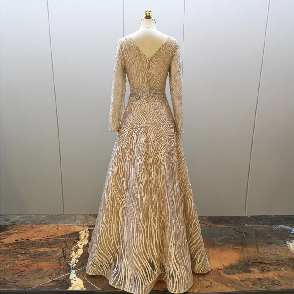 Muslim Grey A Line Sexy V-Neck Luxury Beaded Evening Dresses Gowns For Women Party 2025 LA71802