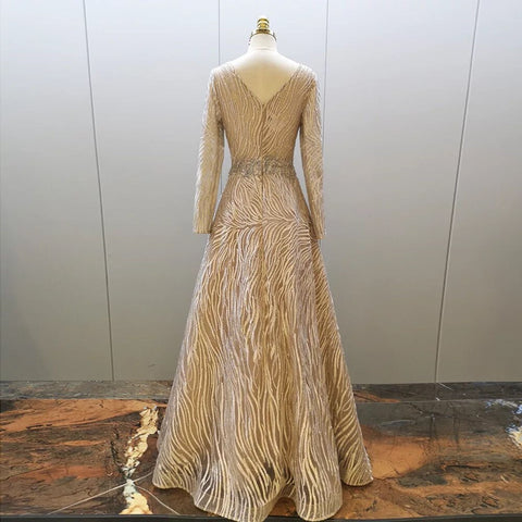 Muslim Grey A Line Sexy V-Neck Luxury Beaded Evening Dresses Gowns For Women Party 2025 LA71802