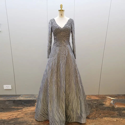 Muslim Grey A Line Sexy V-Neck Luxury Beaded Evening Dresses Gowns For Women Party 2025 LA71802